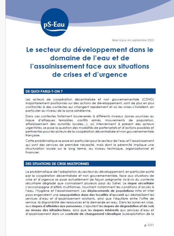 Le secteur du développement dans le domaine de l'eau et de l'assainissement face aux situations de crises et d'urgence