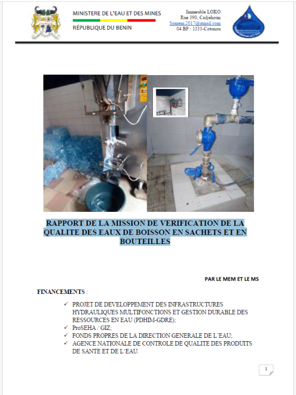 Rapport de la mission de vérification de la qualité des eaux de boisson en sachets et en bouteilles